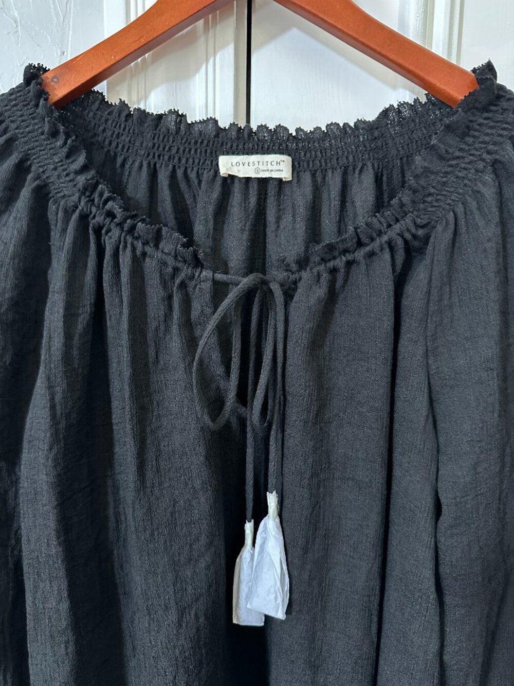 Lovestitch Women's Black Peasant Blouse Small Tassel Tie Cottagecore Top - Picture 5 of 6